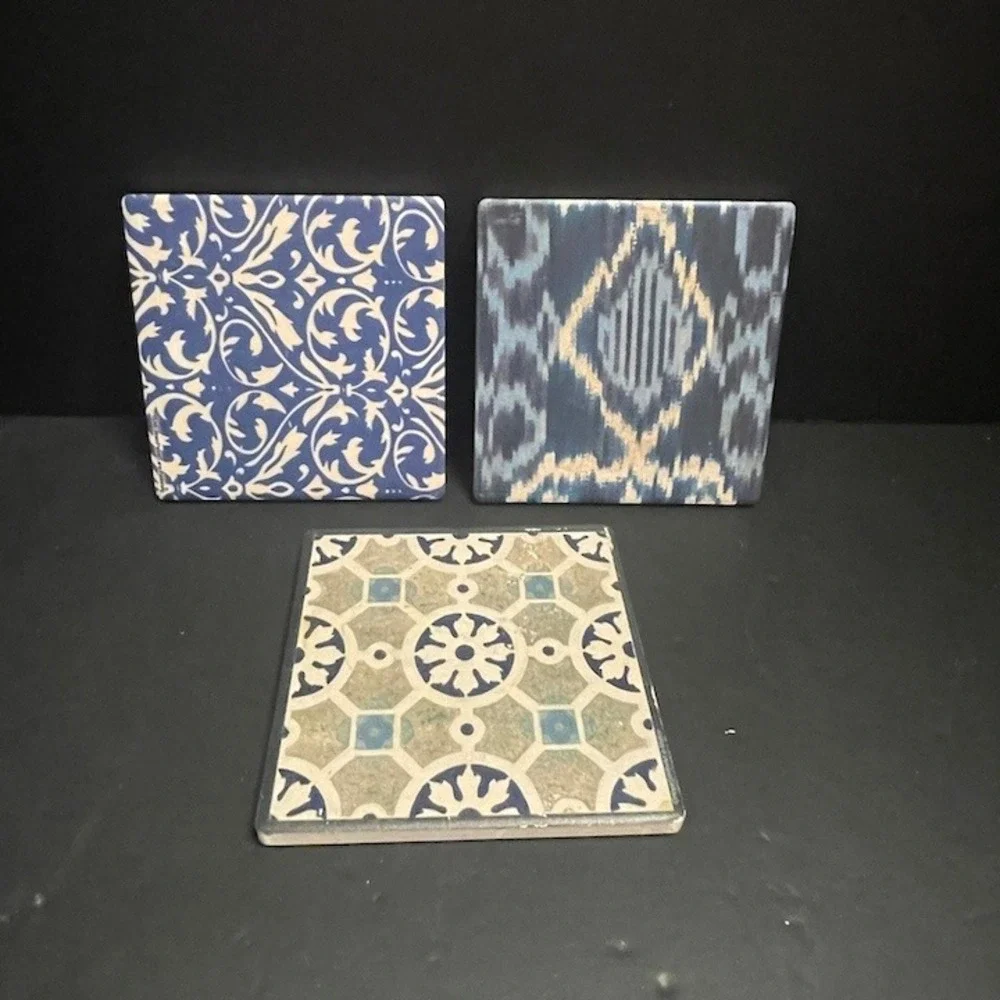 Set‎ of 3 Ceramic Tile Coasters Blue Ikat Damask Mediterranean Cork Back 4x4